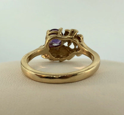 Art Deco 14K Yellow Gold Amethyst Floral Leaf Grecian February Anniversary Ring