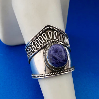 Stunning Sterling Silver 925 Oval Cabochon Swirly Purple Stone Ring Size 7