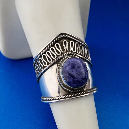 Stunning Sterling Silver 925 Oval Cabochon Swirly Purple Stone Ring Size 7