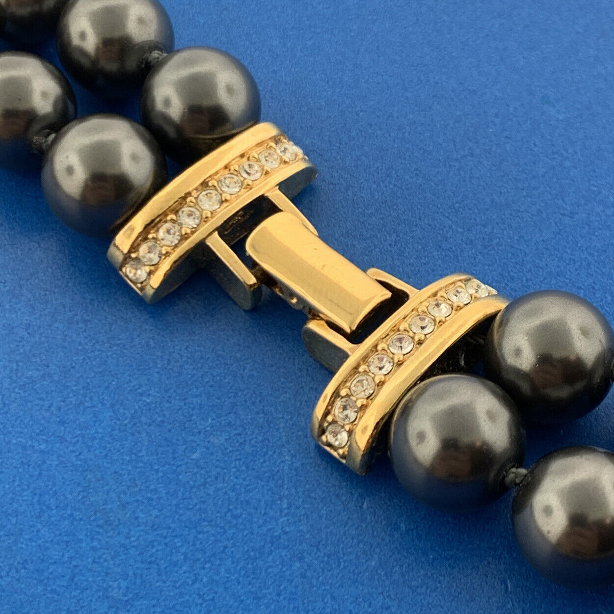 Retro Ciro Gold Tone Rhinestone Black enamel Gray Faux Pearl Statement Necklace