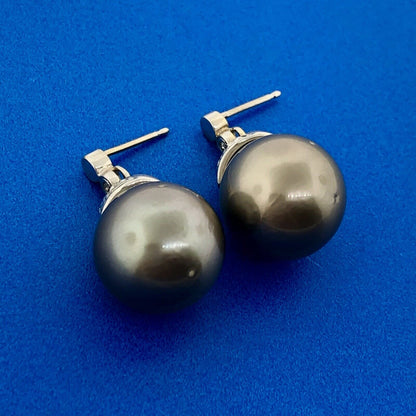 Gorgeous 14k White Gold Gray Pearl Round Cut Diamond Dangle Earrings 13.5mm