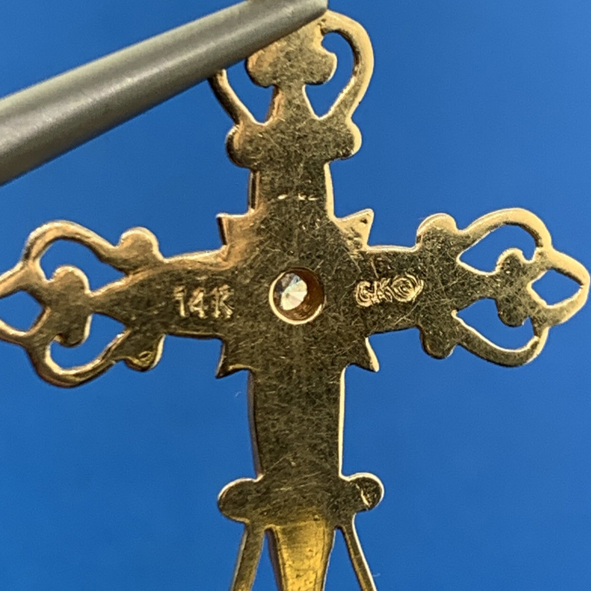 Retro 14K Yellow Gold Diamond Black Enamel Scroll Cross Religious Pendant