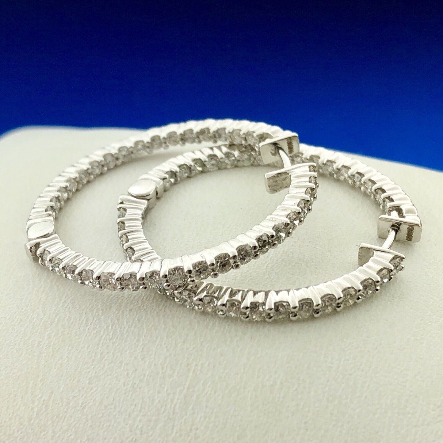 14K White Gold Natural Round Diamond Inside Outside Hoop Earrings