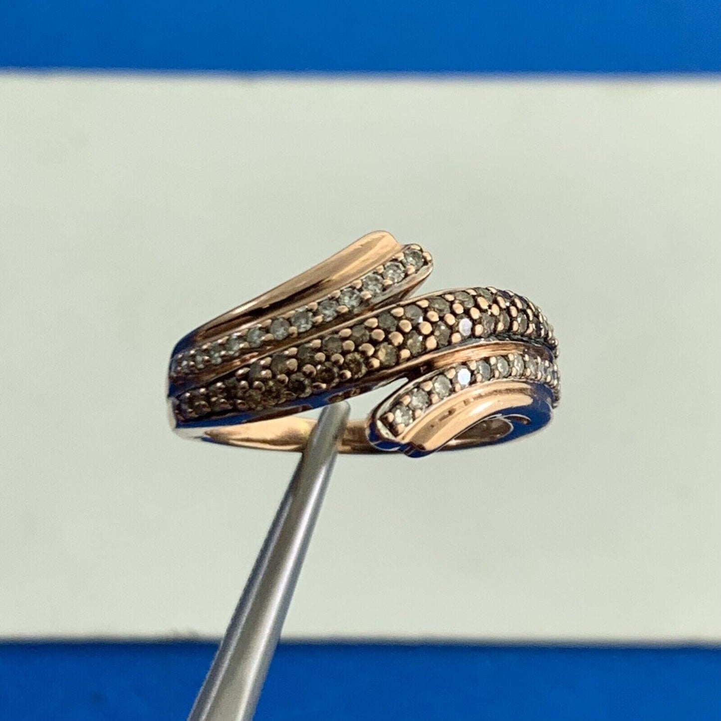 Designer 10K Rose Gold White & Chocolate Round Diamond Bypass Cocktail Band Ring