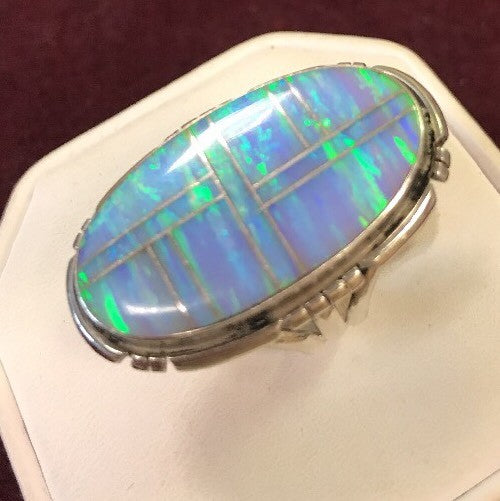 Navajo James Shay JS Sterling Silver 925 Oval Fire Opal Inlay Statement Ring