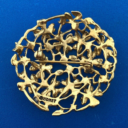 Mid Century Monet Gold Tone Multi Colored Enamel Rhinestone Spring Floral Brooch