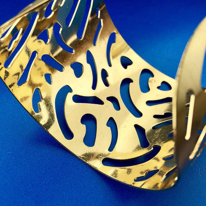 Modernist Gold Tone Brushed Finish Animal Print Cutout Statement Cuff Bracelet