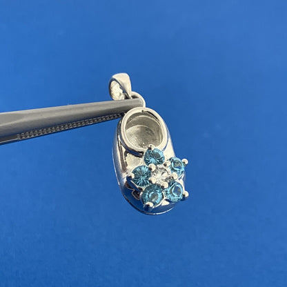 Silver Toned Round Blue White Sparkling CZ Child's Floral Shoe Dangle Pendant