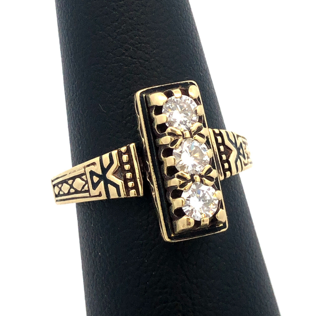 Custom Art Deco 14K Yellow Gold Diamond Trio Engagement Anniversary Ring