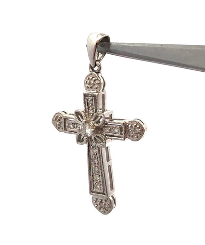 Designer 14K White Gold Diamond Encrusted Floral Religious Cross Pendant