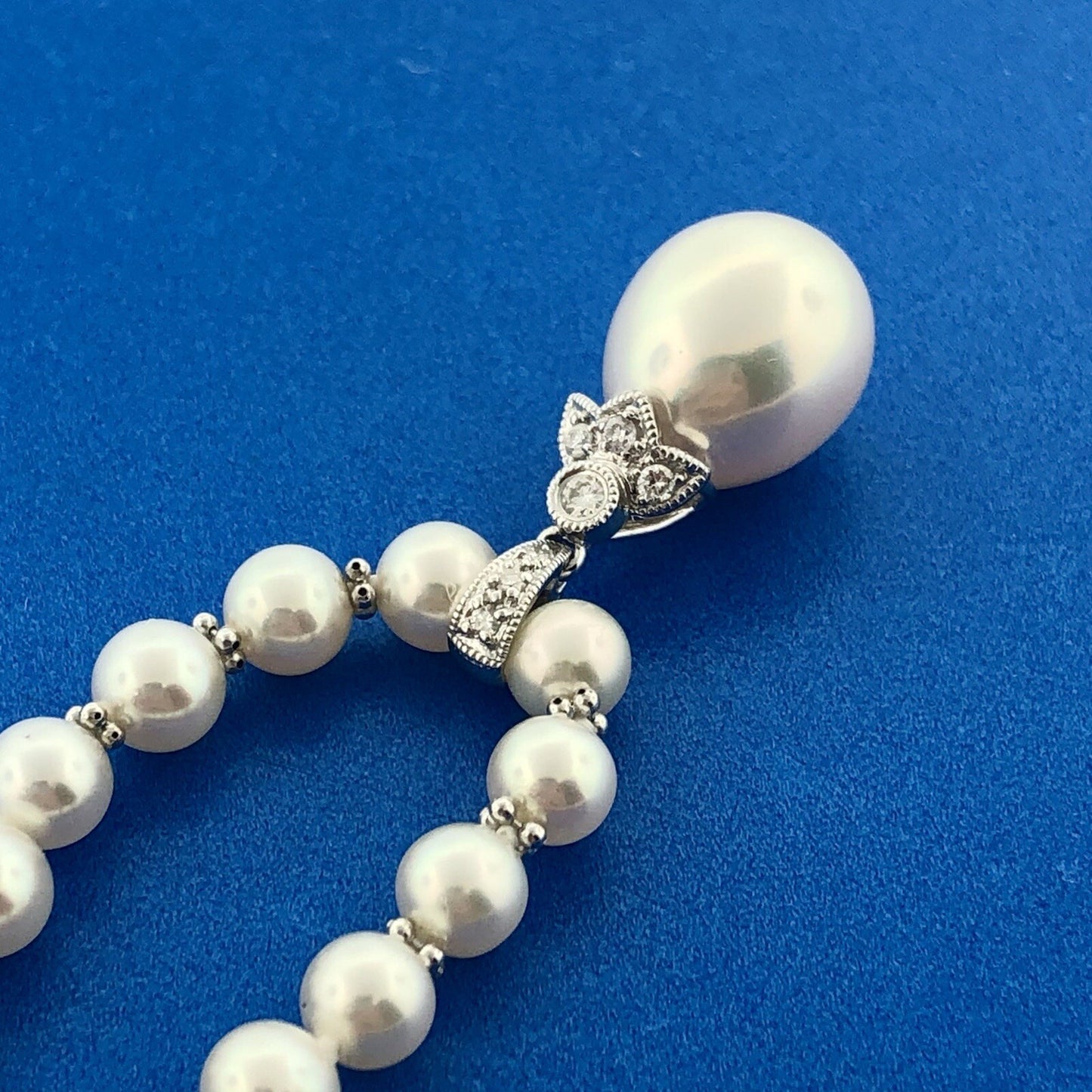 Fabulous 18K White Gold Diamond Pearl Wedding Bridal Drop Pendant Necklace