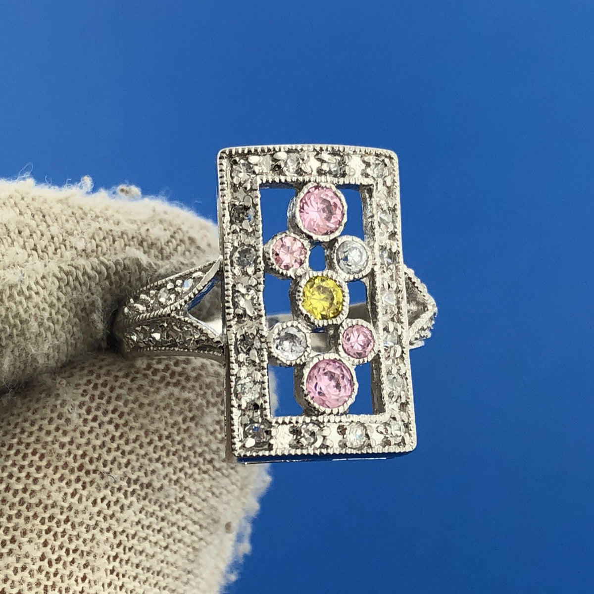 Designer JC Sterling Silver 925 Diamond Pink Yellow Statement Cocktail Ring