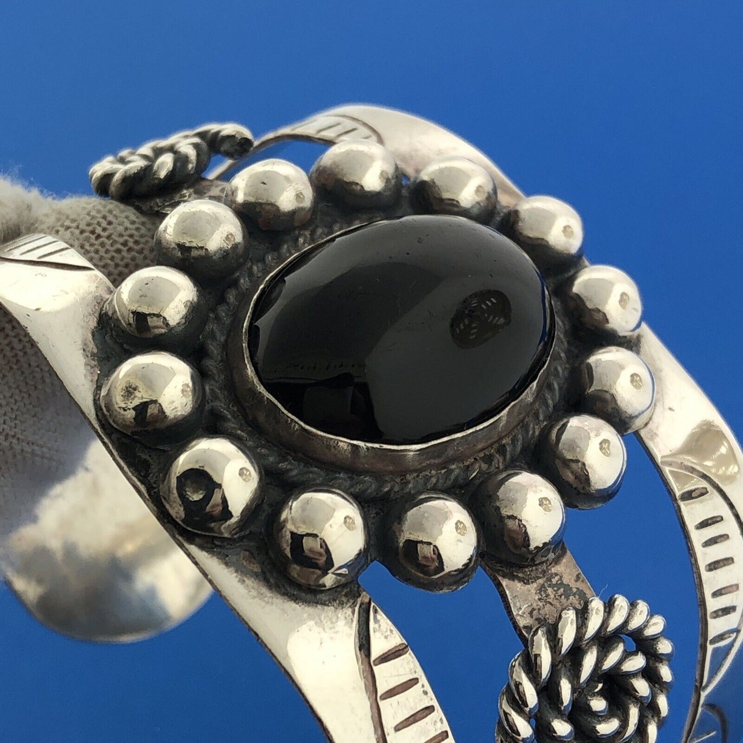 Estate Mexico 925 Sterling Silver Oval Black Onyx Concho Statement Cuff Bracelet