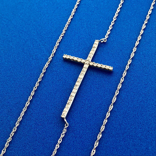 Designer 14K White Gold Diamond Bar Cross Religious Communion Easter Necklace