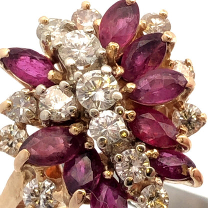 14K Yellow Gold Marquise Ruby Diamond Cluster Waterfall Ring