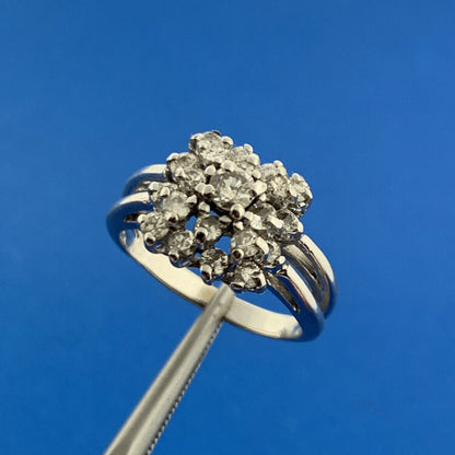 Vintage 14K White Gold Round Diamond Square Top Cluster Anniversary Dinner Ring