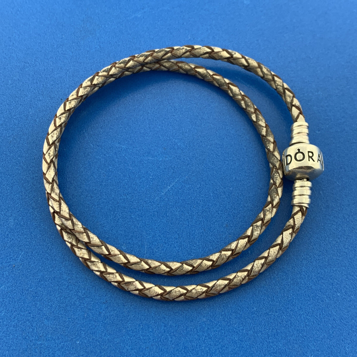 PANDORA 925 Sterling Silver Double Woven Champagne Leather Bracelet 590705CPL-D