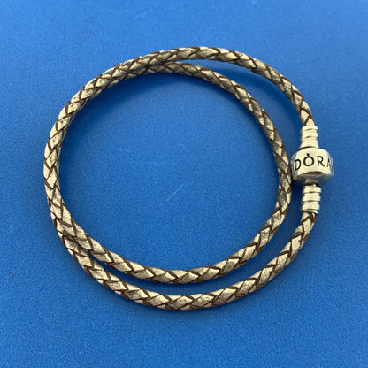 PANDORA 925 Sterling Silver Double Woven Champagne Leather Bracelet 590705CPL-D
