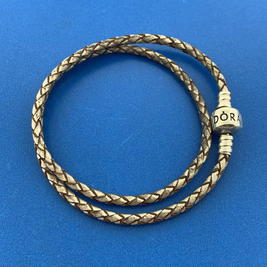 PANDORA 925 Sterling Silver Double Woven Champagne Leather Bracelet 590705CPL-D