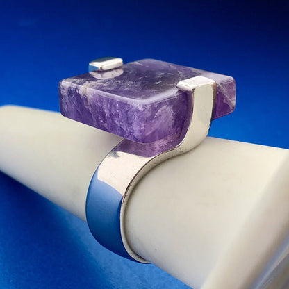 Stunning Sterling Silver 925 Square Cut Purple Amethyst Slab Ring Size 8.25