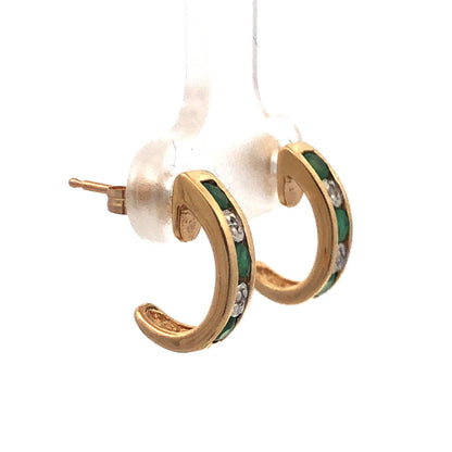 Elegant 14K Yellow Gold Emerald Diamond Channel Set Anniversary Huggie Earrings