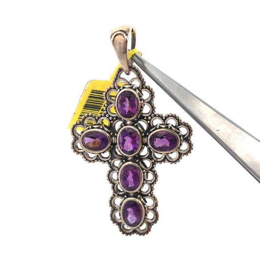 Designer DJoy 925 Sterling Silver Oval Amethyst Beaded Detail Cross Pendant