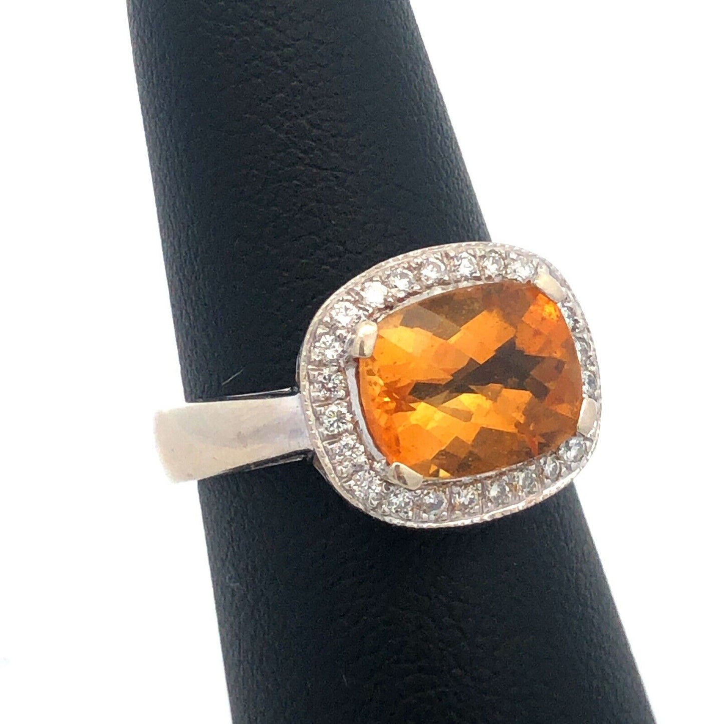 Stunning Designer 14K White Gold Citrine Diamond Cushion Cut Halo Ring Size 6.5