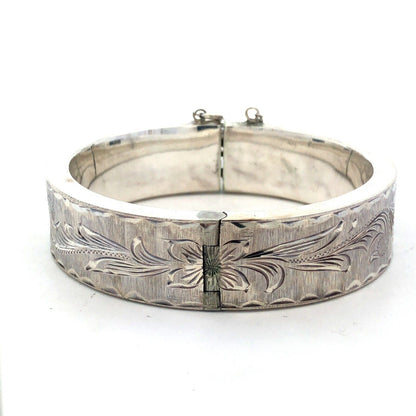 Vintage Designer Mexico 925 Sterling Silver Vine Detail Hinged Bangle Bracelet