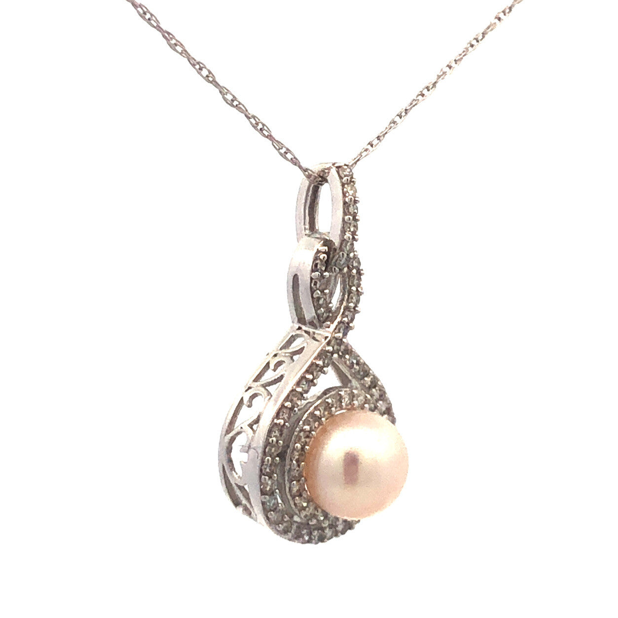 Designer 14K White Gold Pearl Diamond Bridal June Infinity Anniversary Necklace