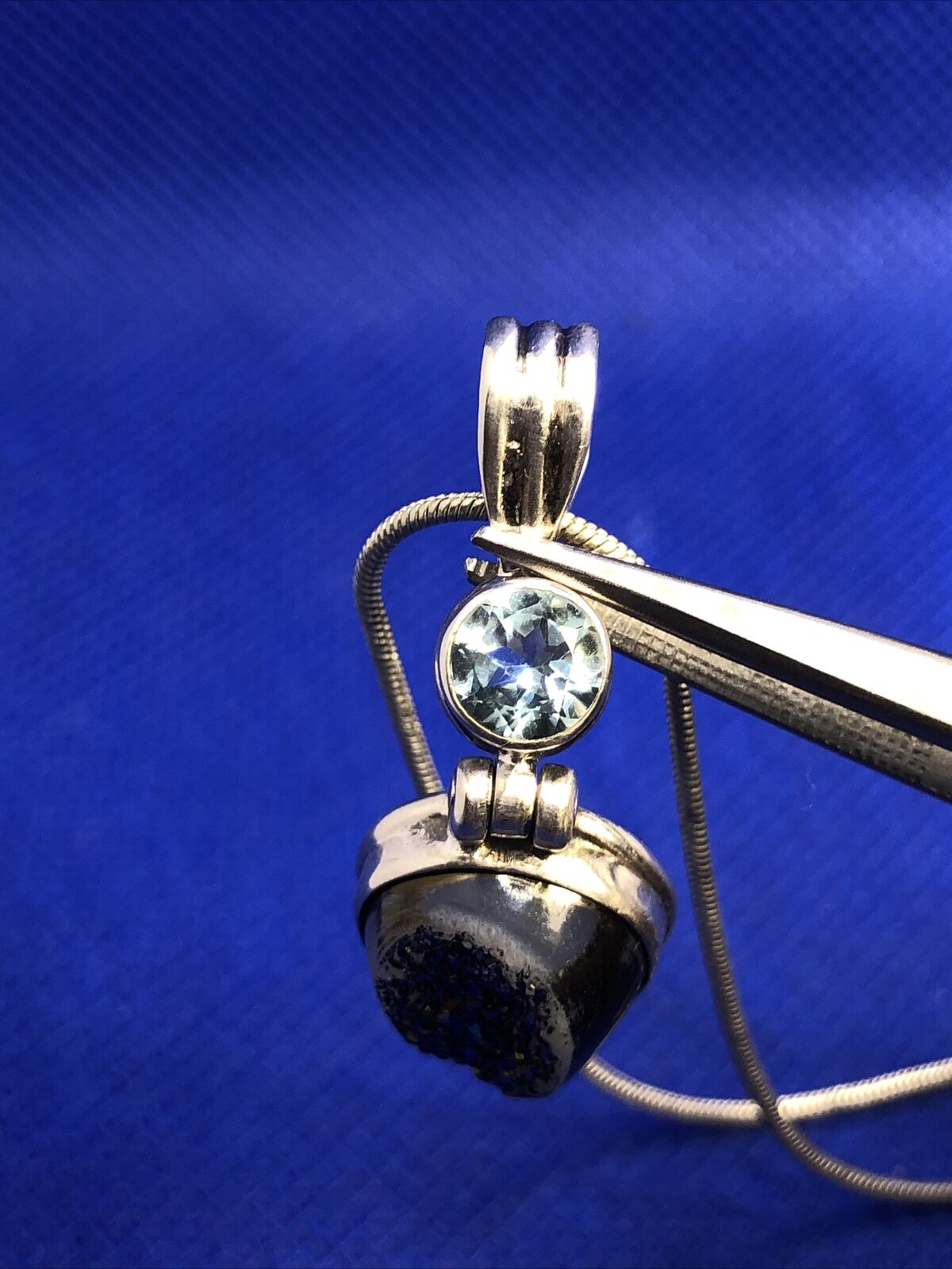 Designer 925 Sterling Silver Pear Druzy Quartz Blue Topaz Pendant Necklace