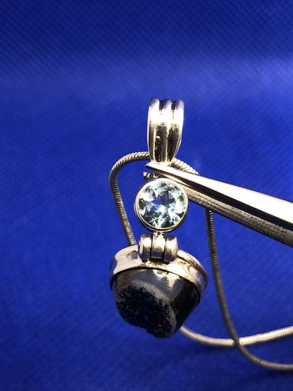 Designer 925 Sterling Silver Pear Druzy Quartz Blue Topaz Pendant Necklace