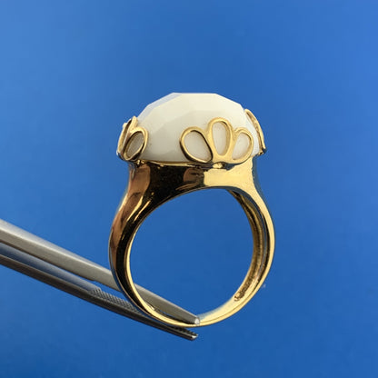 Italy Gold Toned Sterling Silver 925 Faceted White Scolecite Statement Dome Ring