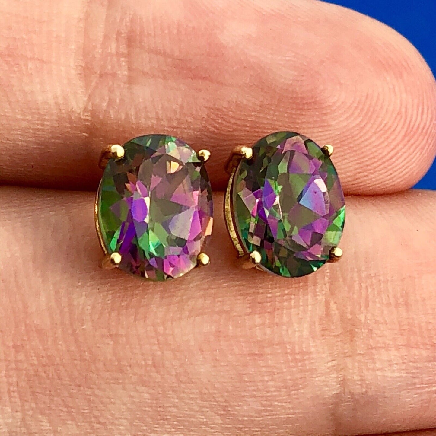 Vintage Designer TJC 10K Yellow Gold Oval Mystic Topaz Anniversary Stud Earrings