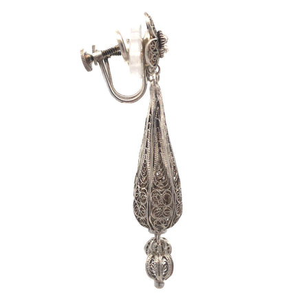 Vintage 925 Sterling Silver Intricate Filigree Floral Dangle Screw Back Earrings