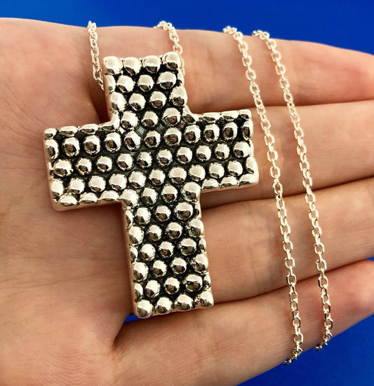 Sterling Silver 925 Intaglio Beaded Cross Religious Communion Pendant Necklace