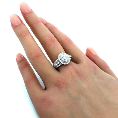 Designer GDM 14K White Gold Round Diamond Cluster Halo Oval Engagement Ring