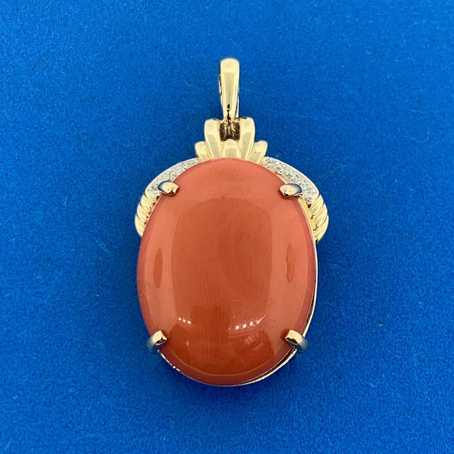 Designer 14K Yellow Gold Oval Coral Cabochon Diamond Accented Enhancer Pendant