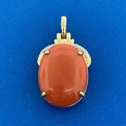 Designer 14K Yellow Gold Oval Coral Cabochon Diamond Accented Enhancer Pendant