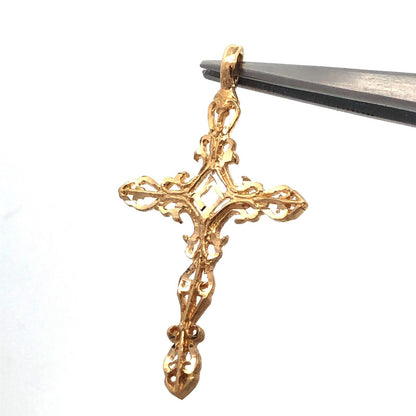 Designer ASJ 14K Yellow Gold Filigree Scroll Detailed Religious Cross Pendant