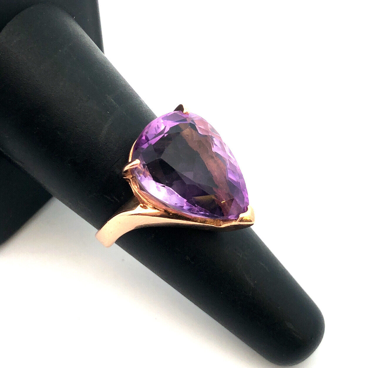 14K Yellow Gold Pear Cut Amethyst Solitaire Statement February Anniversary Ring