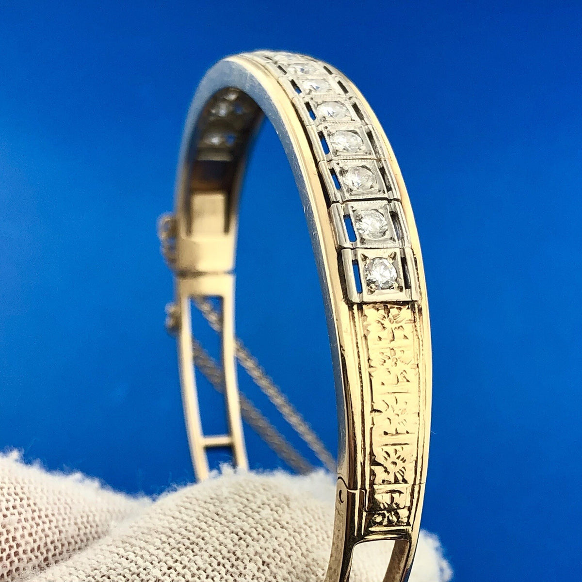 Art Deco Art Nouveaux 14K Yellow White Gold Diamond Ladder Hinged Cuff Bracelet