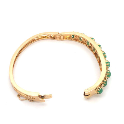 Designer 14k Yellow Gold Cabochon Emerald Diamond Hinged Cuff Bangle Bracelet