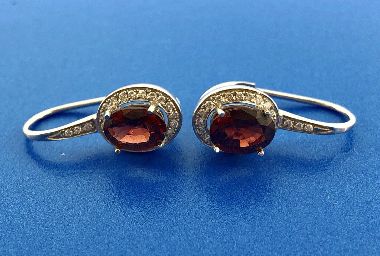 Gorgeous 18k White Gold Oval Red Garnet Diamond Halo Leverback Drop Earrings