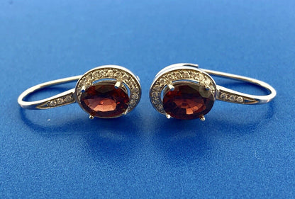Gorgeous 18k White Gold Oval Red Garnet Diamond Halo Leverback Drop Earrings