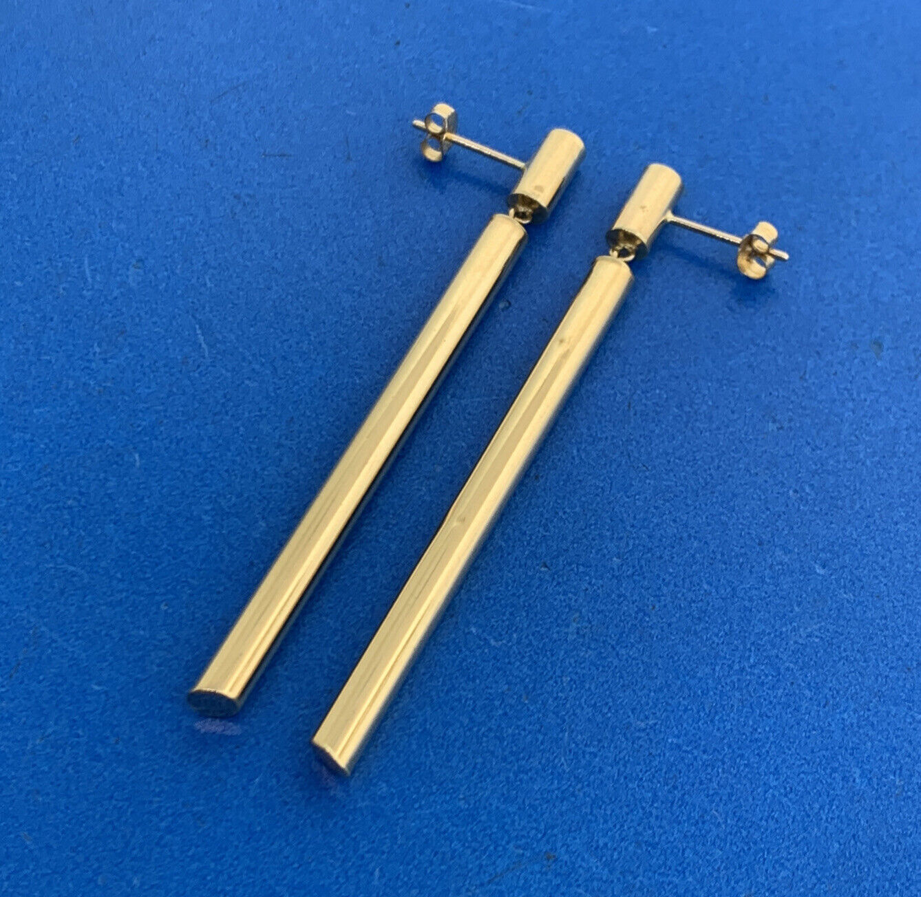 Designer 14K Yellow Gold Polished Tubular Modernist Drop Dangle Stud Earrings