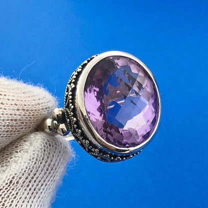 Stunning Sterling Silver 925 Faceted 13.25 ct Amethyst Dome Ring Size 8.75