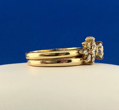 14K Yellow Gold Diamond Solitaire Floral Accent Guard Engagement Bridal Ring Set