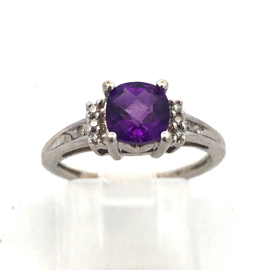 14K White Gold Cushion Cut Amethyst Diamond February Birthstone Anniversary Ring