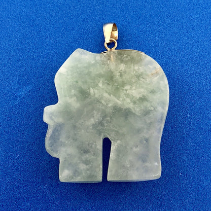 Vintage 14K Yellow Gold Carved Jade Jadeite Elephant Long Life Good Luck Pendant