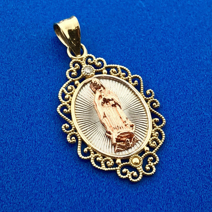Vintage 10K Yellow White Rose Gold Diamond Oval Filigree Mother Mary Pendant